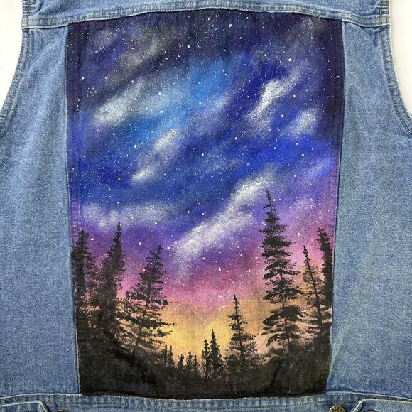 Vintage Hand Painted‎ Denim Vest Womens Size M Forest Stars Generra Art To Wear - Picture 11 of 16
